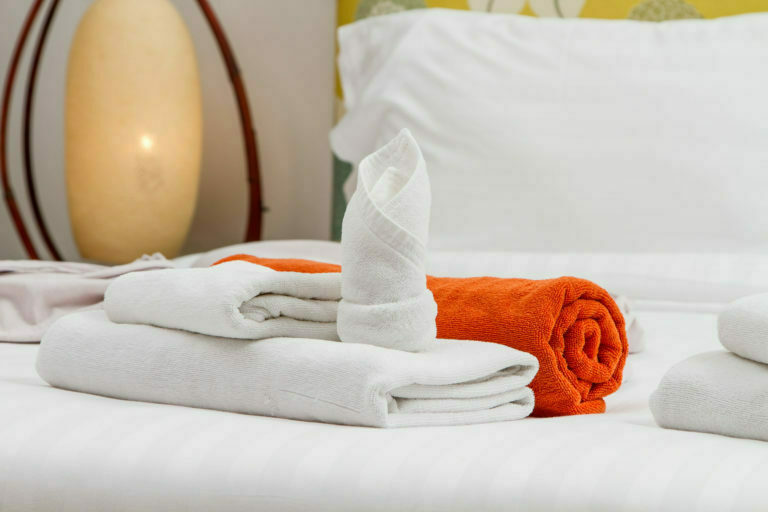 Hotel bed close up